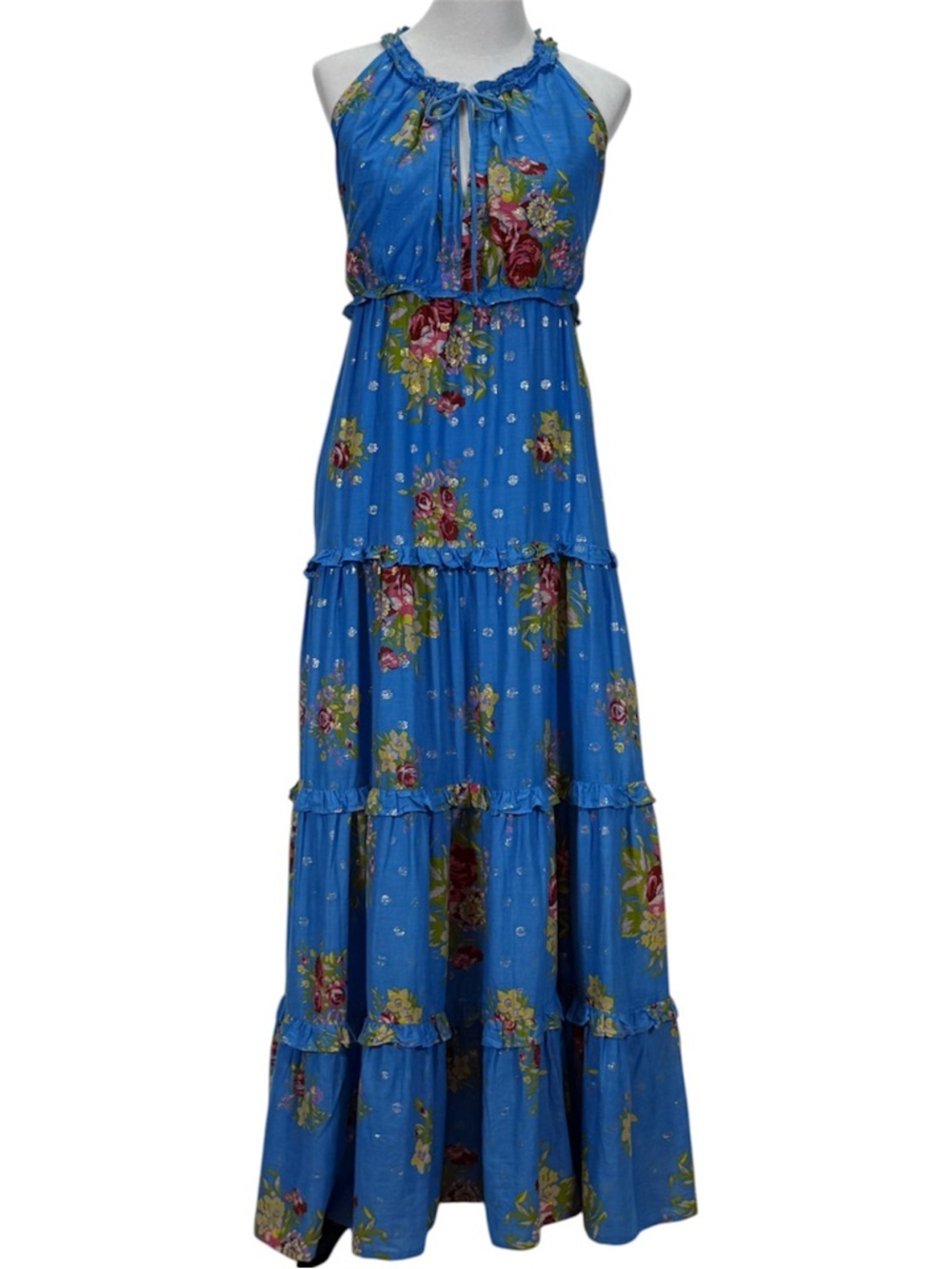 House of Harlow 1960 Blue Floral Maxi Dress Boho Tiered Ruffle Halter Feminine - Picture 16 of 16